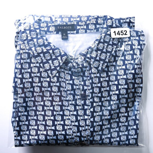 TALBOTS Navy Light Blue White Chain Pattern 3/4 Sleeves Button Down Top - Sz Med - Picture 10 of 10